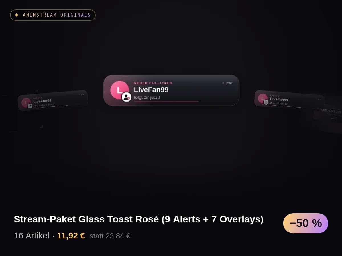 Stream-Paket Glass Toast Rosé (9 Alerts + 7 Overlays)