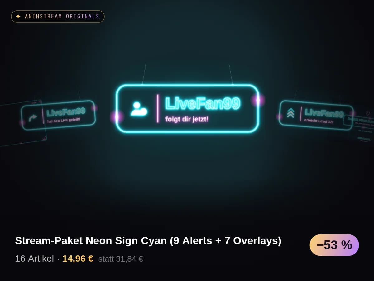 Stream-Paket Neon Sign Cyan (9 Alerts + 7 Overlays)