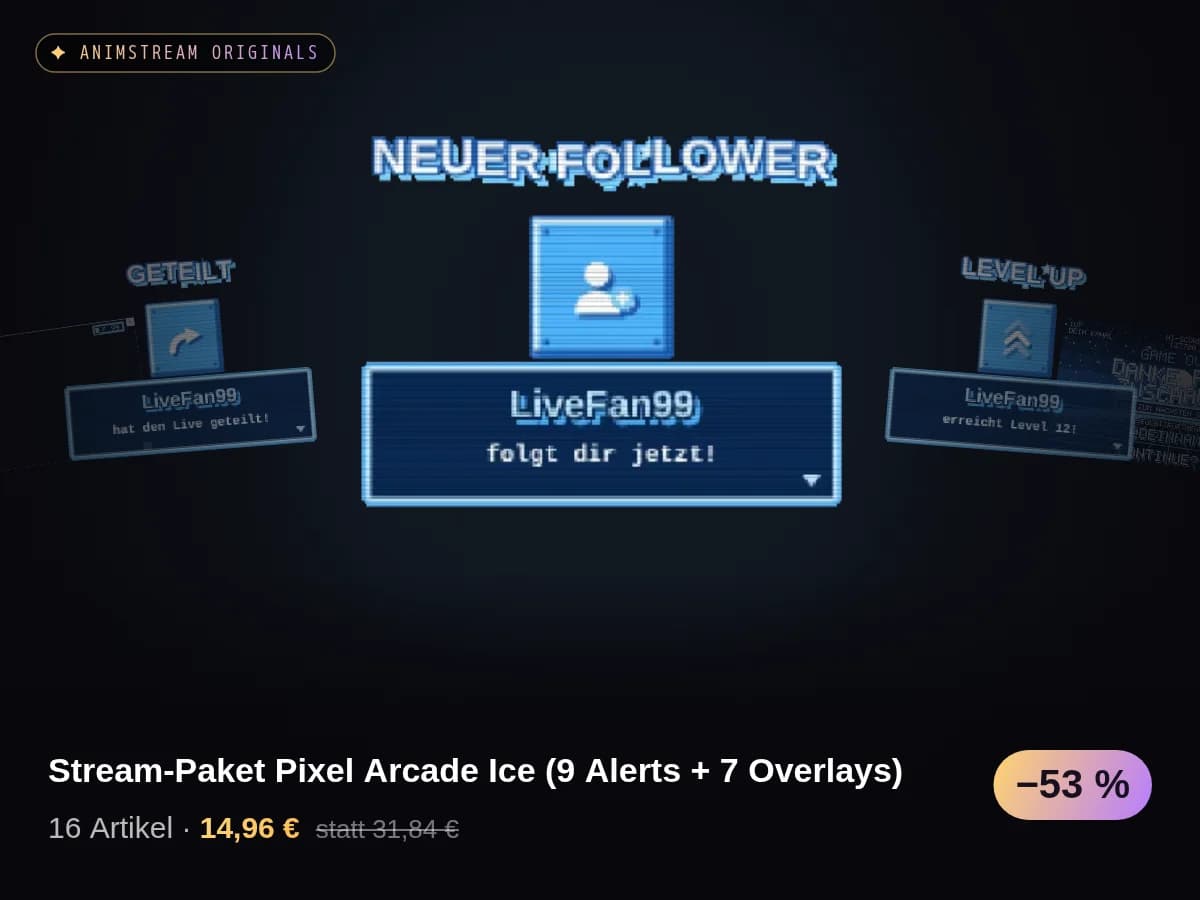 Stream-Paket Pixel Arcade Ice (9 Alerts + 7 Overlays)