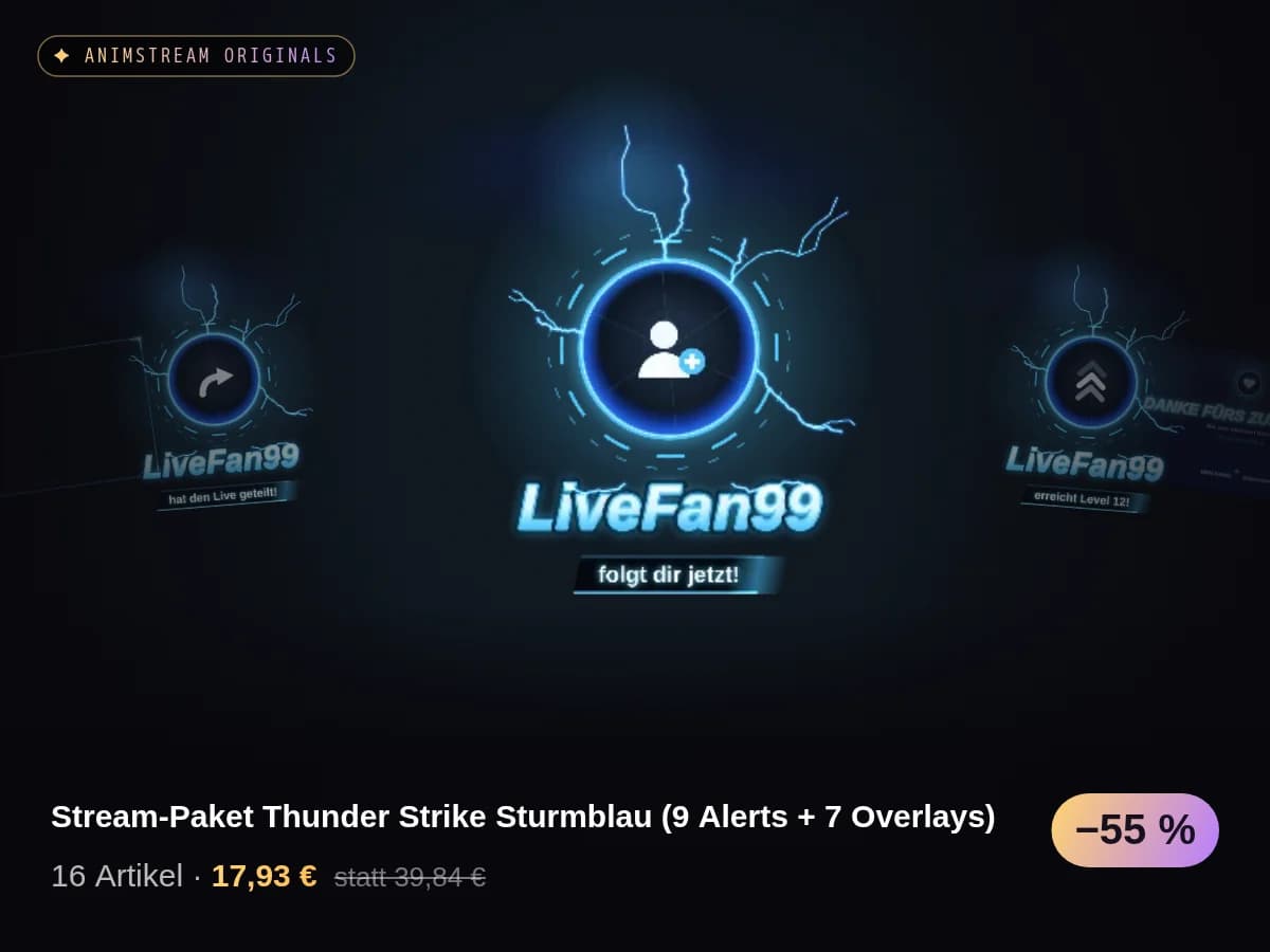Stream-Paket Thunder Strike Sturmblau (9 Alerts + 7 Overlays)