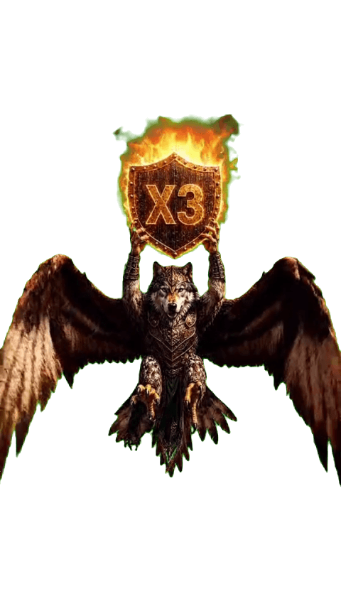Geflügelter Wolf mit brennendem "X3" Schild