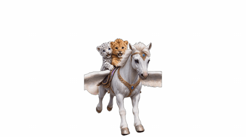 Kleiner Leopard und Löwe reiten auf einen Pegasus