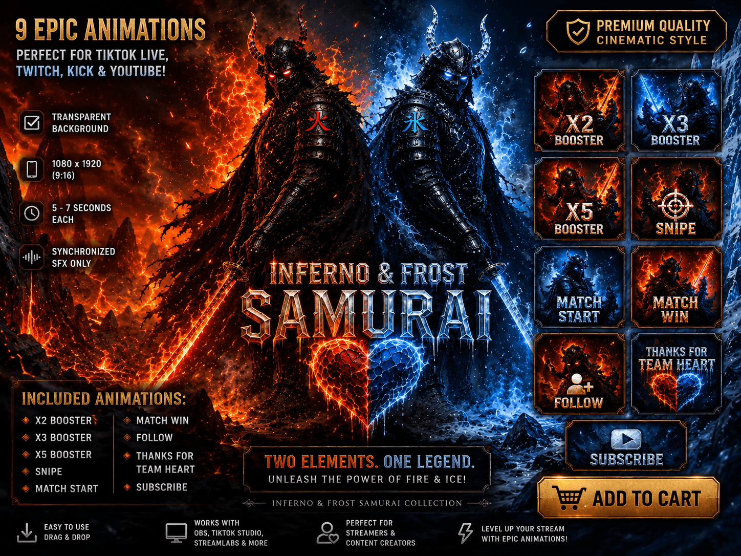 Inferno & Frost Samurai Stream Overlays | 9 Animated Greenscreen Alerts | TikTok