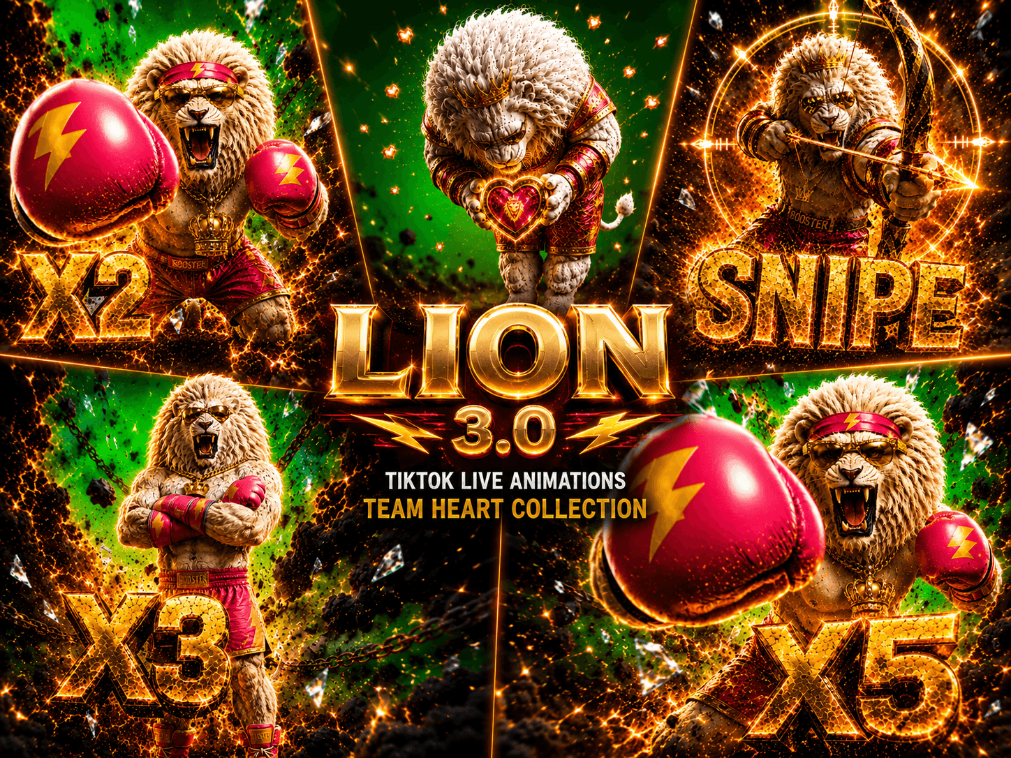 Lion 3.0 TikTok LIVE Animation Pack | X2, X3, X5, Snipe & Team Heart