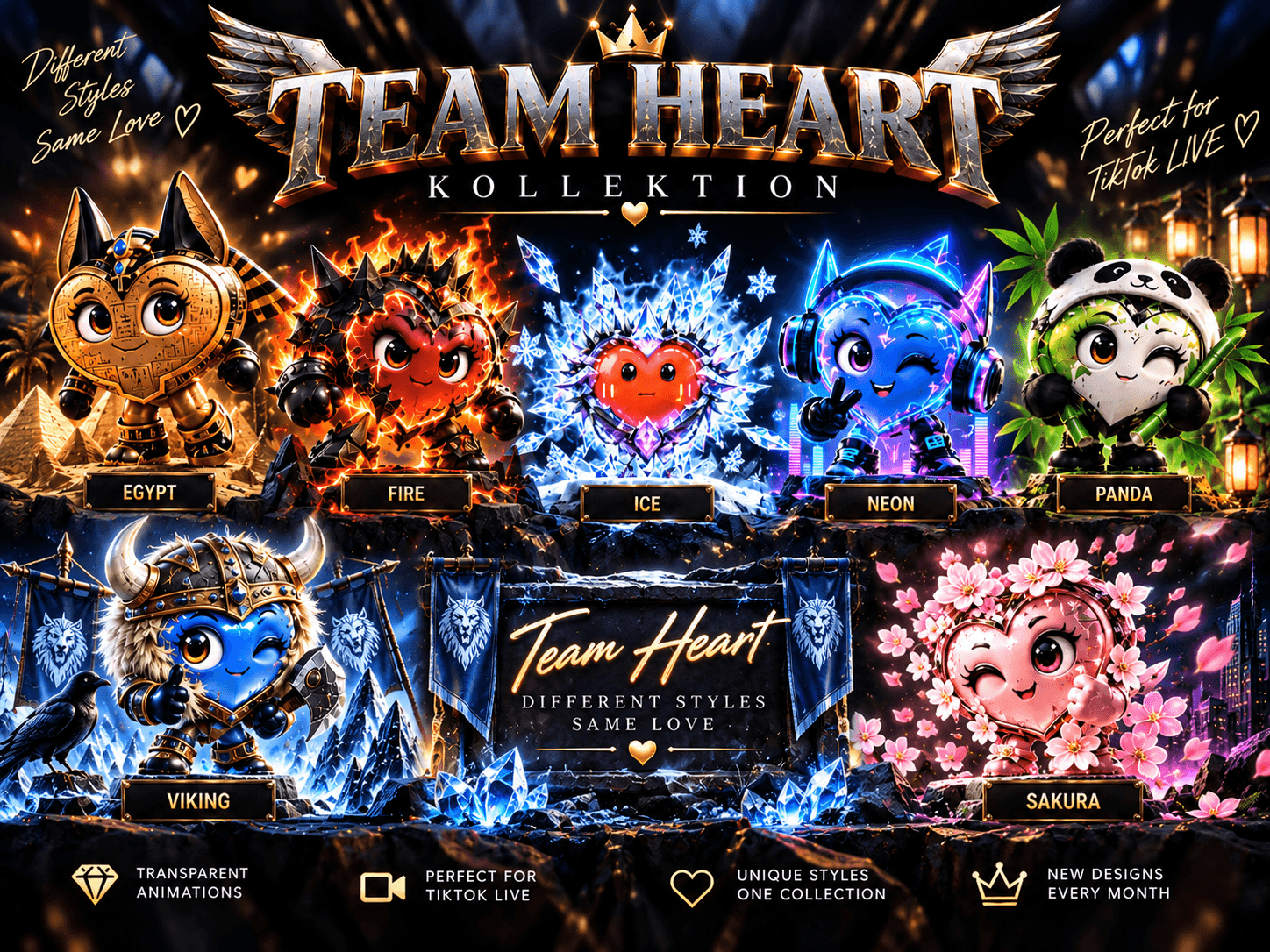 Team Heart Collection | 7 TikTok LIVE Gift Animations | Fire, Ice, Neon, Panda,
