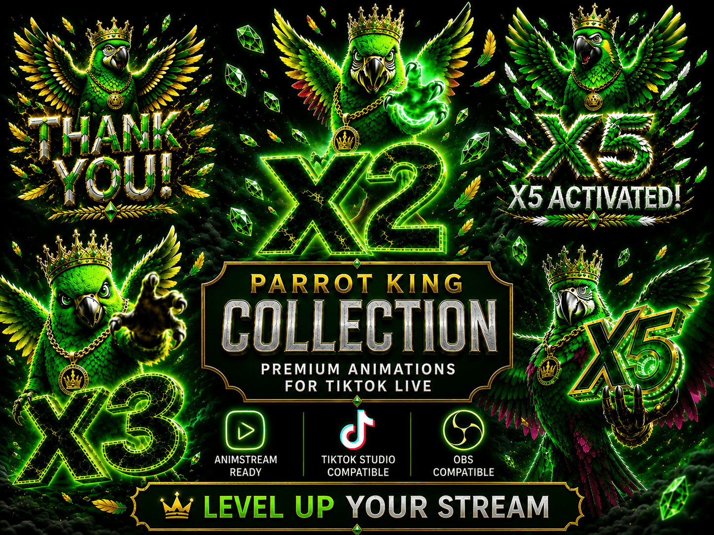 Parrot King Collection – TikTok Live Animations | X2 X3 X5 & Thank You | papagei