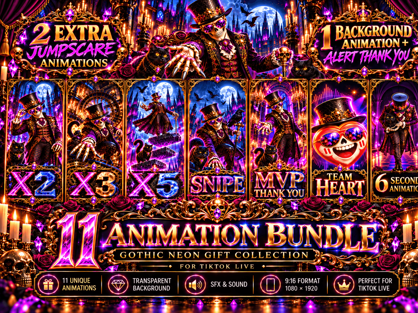 Gothic Neon TikTok LIVE Animations Bundle | 11 Transparent 3D Gift Effects |