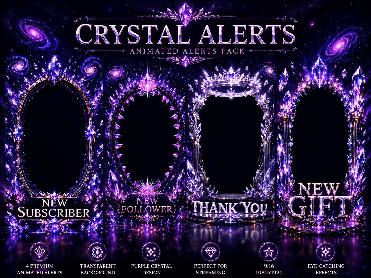 Purple Crystal Animated Alerts Pack | New Subscriber, New Follower, Thank You..
