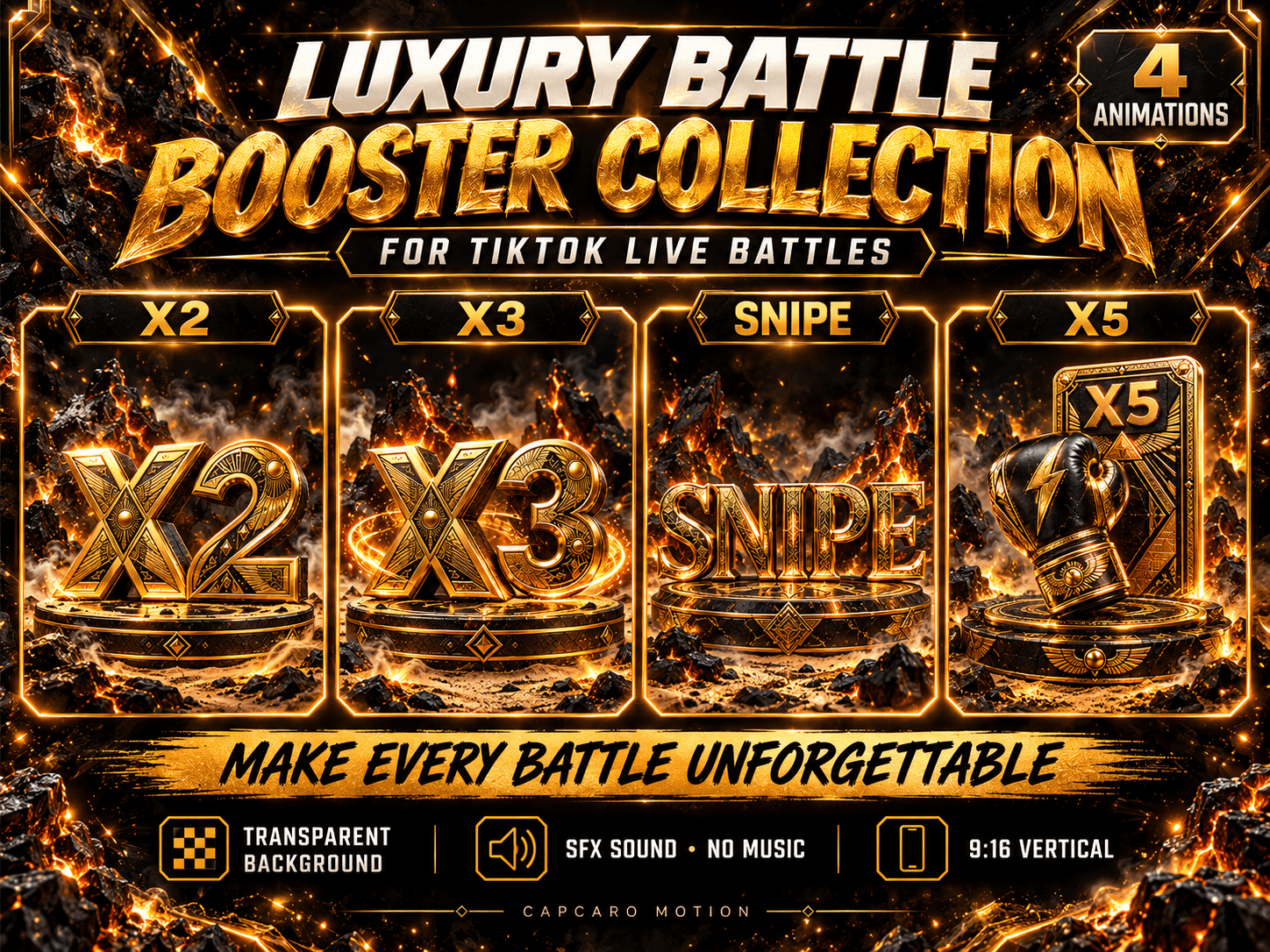 TikTok Live Battle Animation / Overlays – 4 Gold Booster Animations, X2 X3 X5 Sn