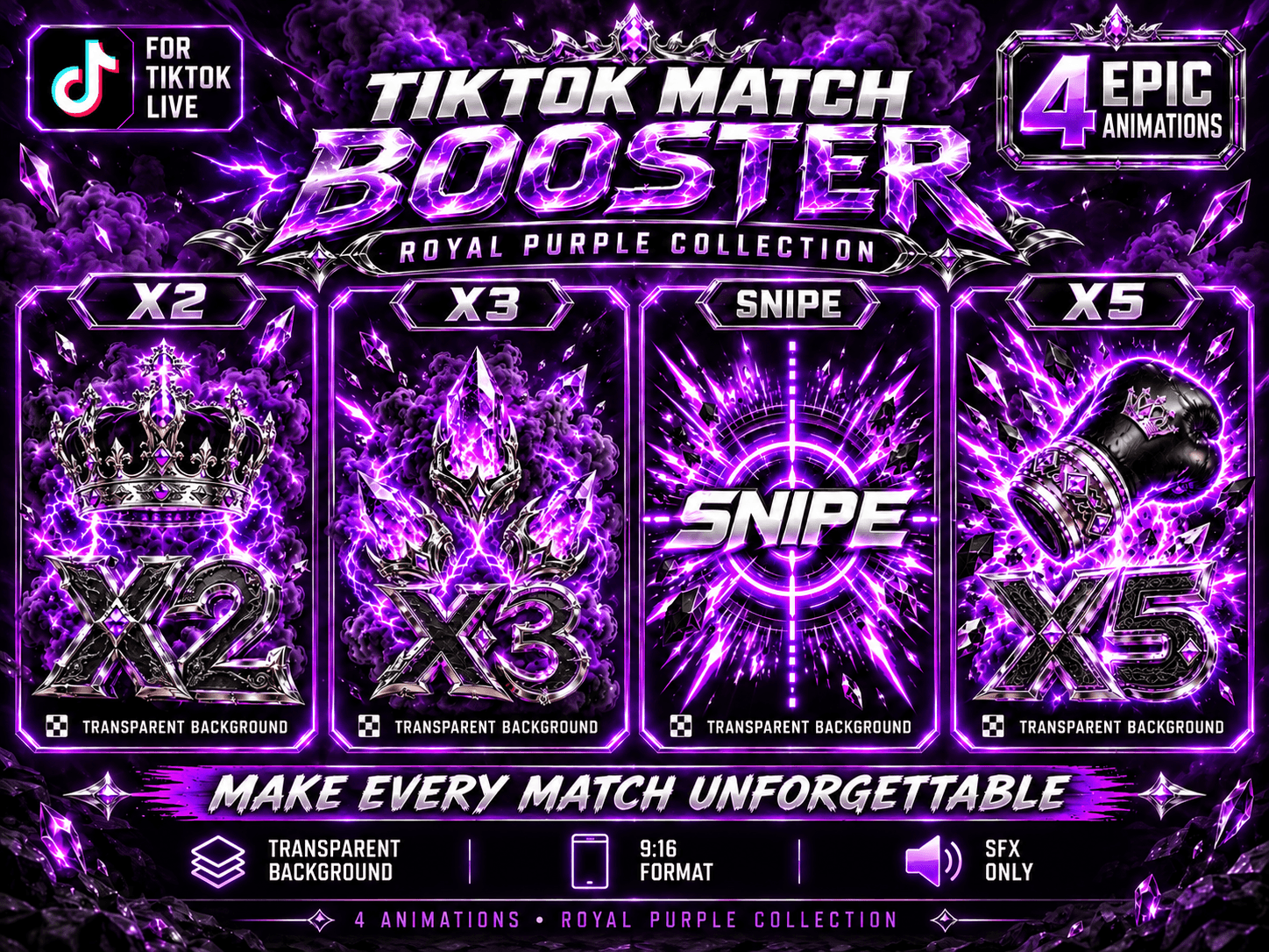 TikTok Live Match Booster Bundle | Royal Purple X2, X3, Snipe & X5 Animations |