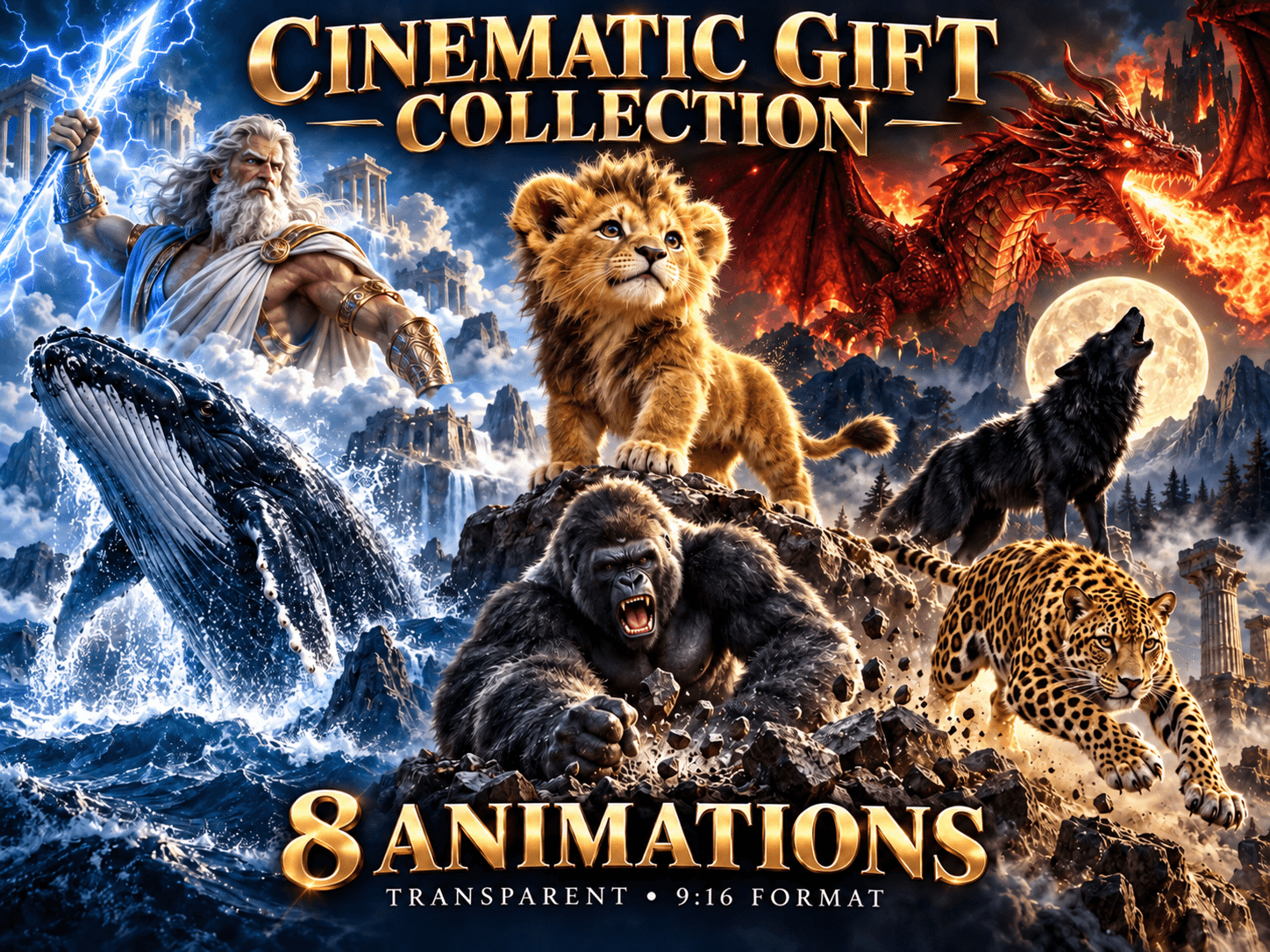 Cinematic Gift Collection – 8 Transparent 9:16 Stream Animations